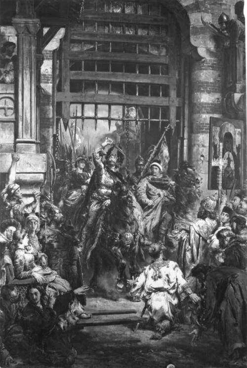 Obraz Jana Matejki z cyklu Dzieje cywilizacji zatytułowany Bolesław Chrobry ze Świętopełkiem przy Złotej Bramie w Kijowie