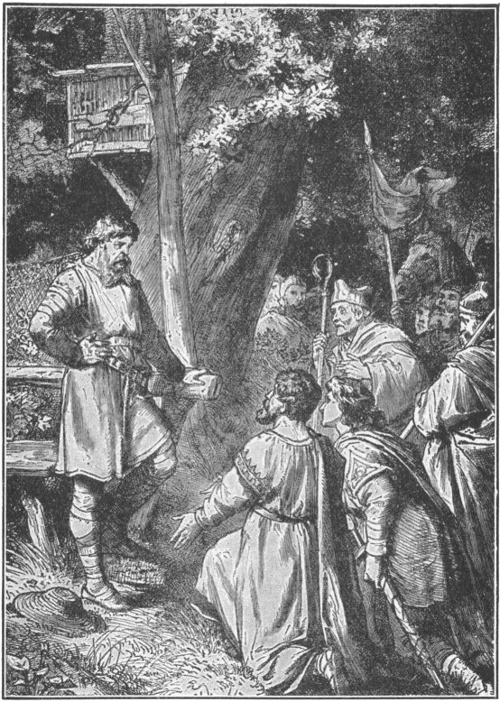 Grafika z książki Famous Men of the Middle Ages przedstawiająca Henryka I Ptasznika