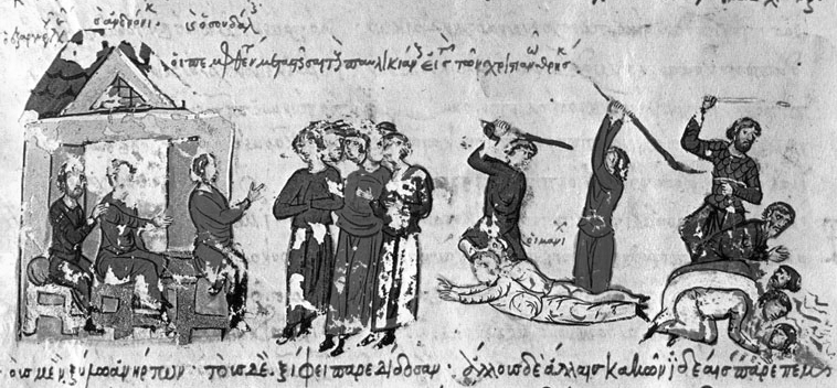 Pogrom paulicjan z rozkazu Teodory. Ilustracja z manuskryptu Skyllitzes Matritensis.